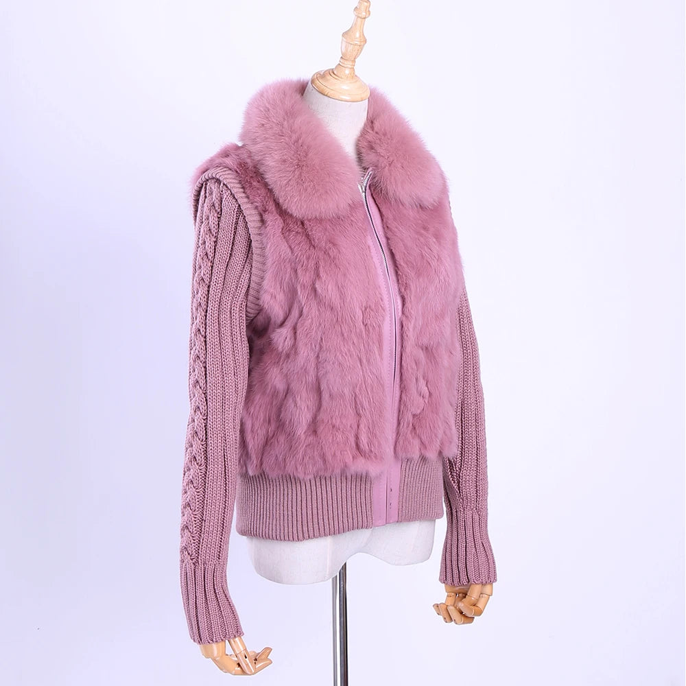 Women's Genuine Real Rabbit Fur Fox Fur Collar Knitting Sleeve Women's Winter Coat Fur Jacket Casual Short Outwear Slim