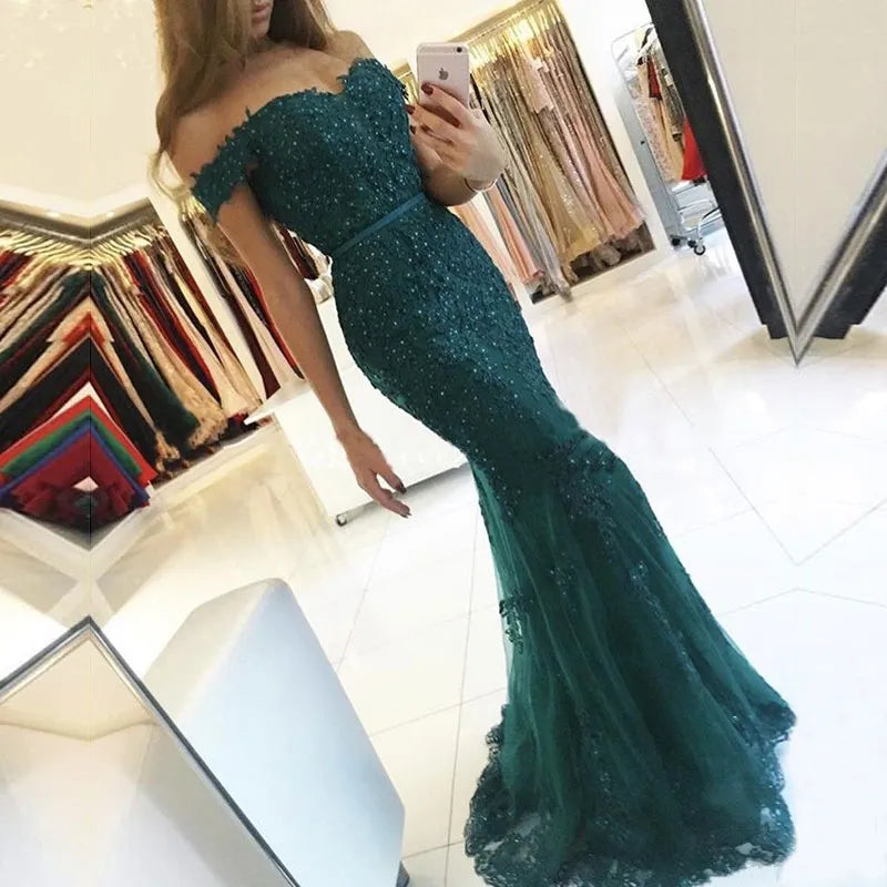 Robe Femme Off The Shoulder Long Dress Mermaid Evening Dress Lace Robe De Soiree Longue Formal Dress Abiye Gece Elbisesi Green