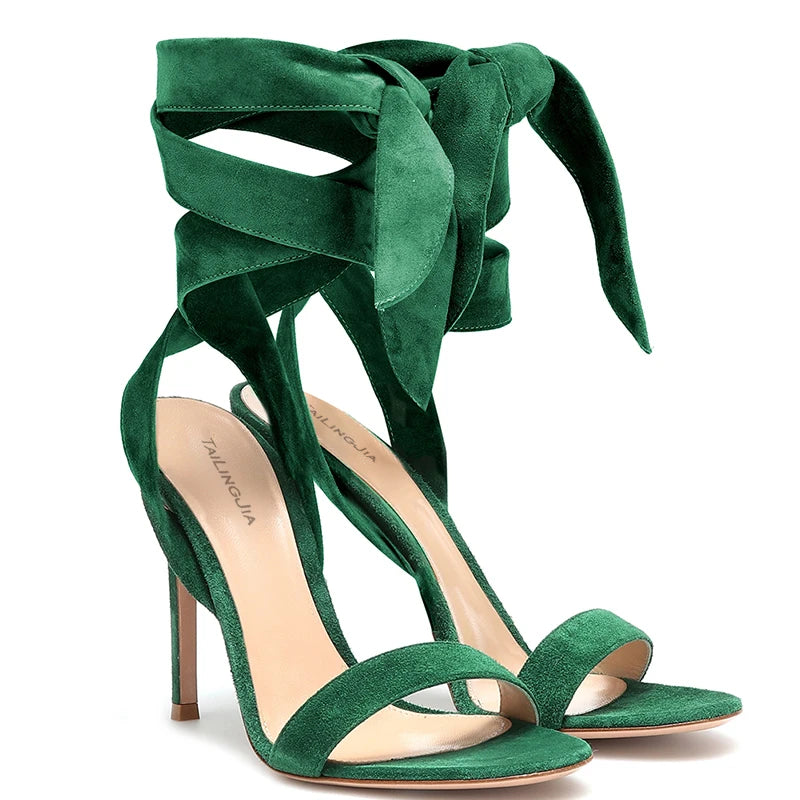 Open Toe High Heel Ankle Wrapped Green Sandals Womens  Brown Stiletto Heels Ladies Summer Heeled Party Evening Dress Shoes 2022