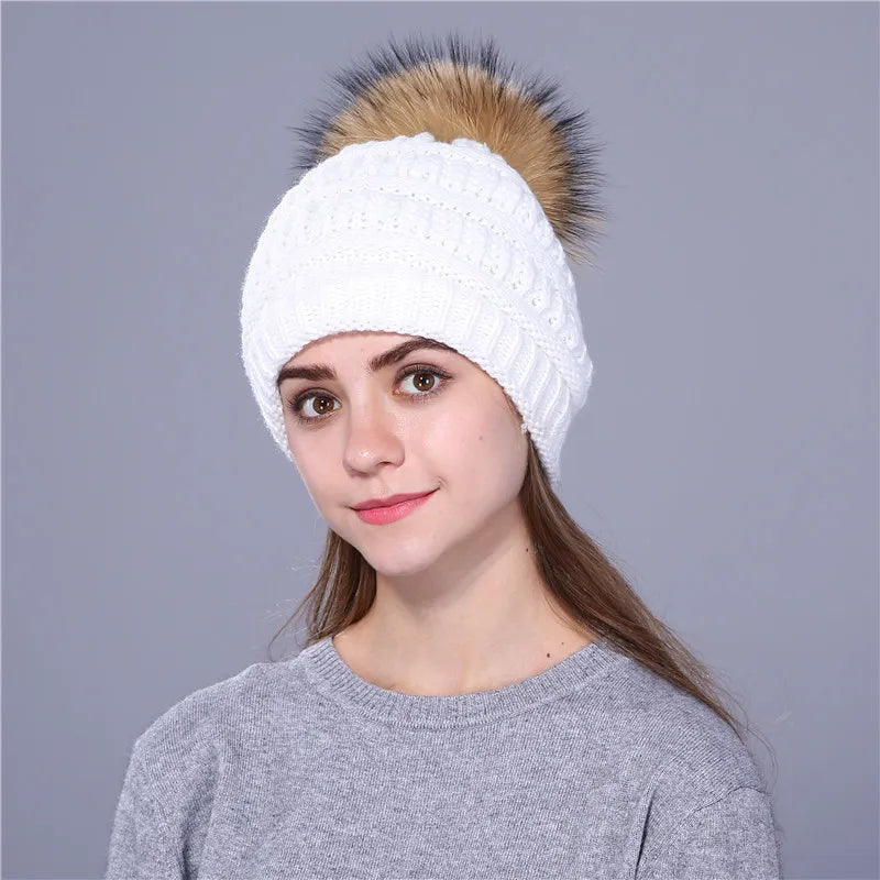 Xthree real fox fur pom poms ball Keep warm winter hat for women girl 's wool hat knitted beanies cap thick female cap