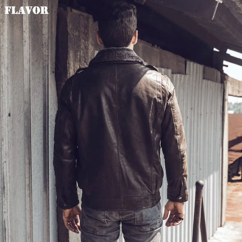 2017 Men's Retro Pilot Real Leather Jacket Motorcycle Male Winter Coat Pigskin Genuine Leather Aviator Jacket Bomber Jacket