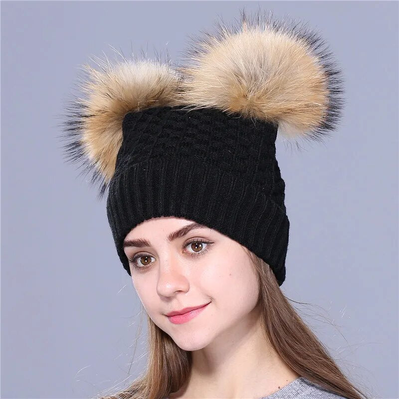 Xthree winter hat for women knitting beanies natural fur double pom poms Skullies girls hat feminino cap