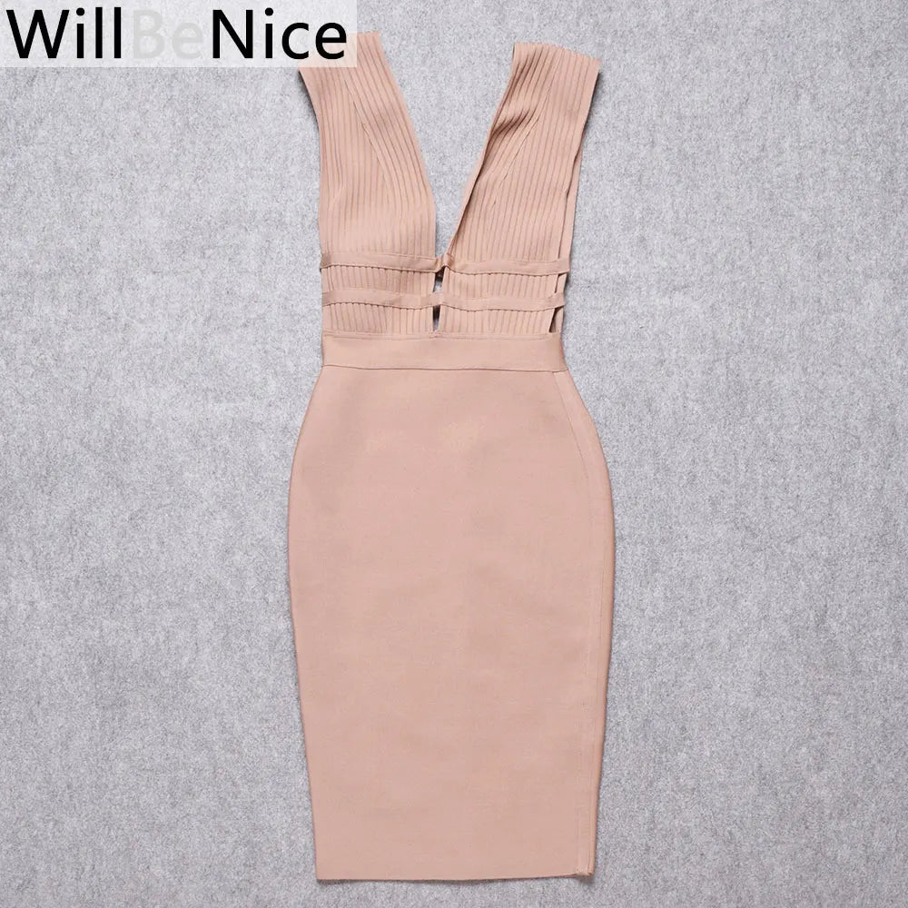 WillBeNice Women Hollow Cut Out Bandage Dress 2019 New  Sexy Deep V-Neck Sleeveless Bodycon Club  White Evening Party Dress