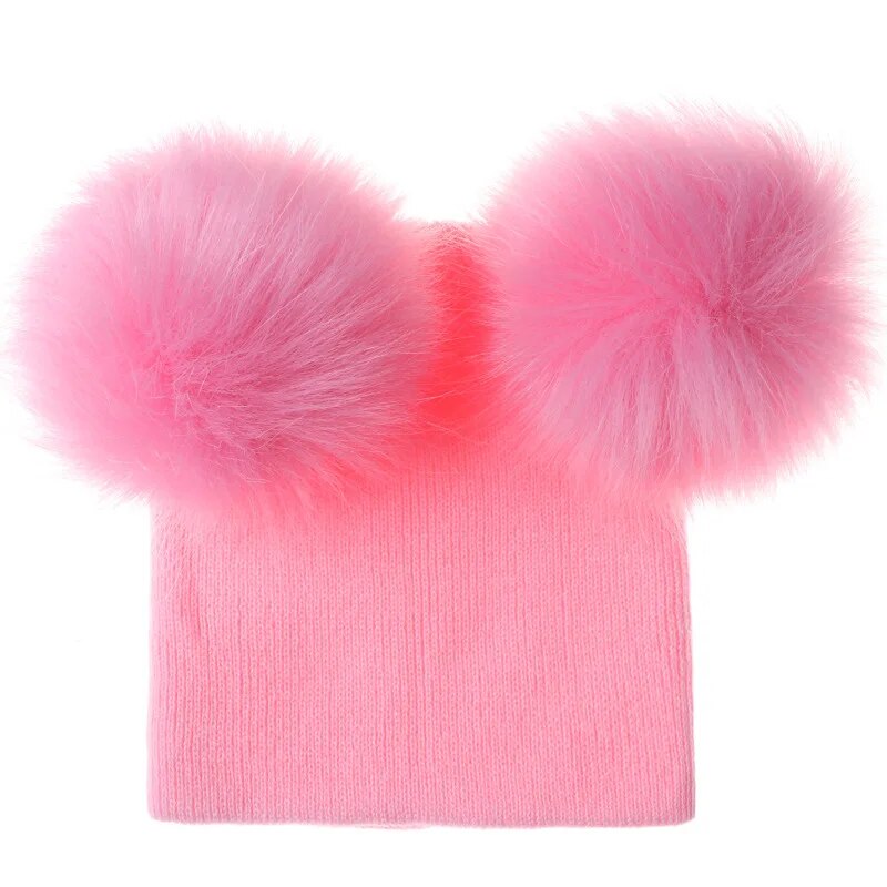 Cute Baby Kids Winter Hat Knitted Warm Double Fur Pompom Caps Beanies Boys Girls Pom Pom hats Children Solid Cap Bonnet Gorro