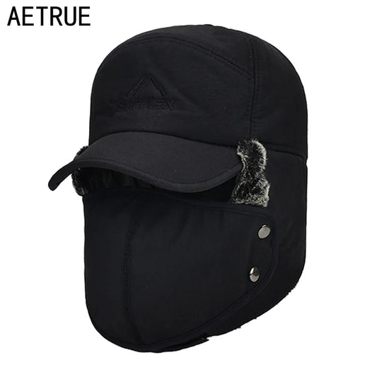 AETRUE Winter Hat Men Bomber Hats For Men Women Thick Balaclava Cotton Fur Earflap Warm Caps Skull Mask Male Winter Bomber Hat