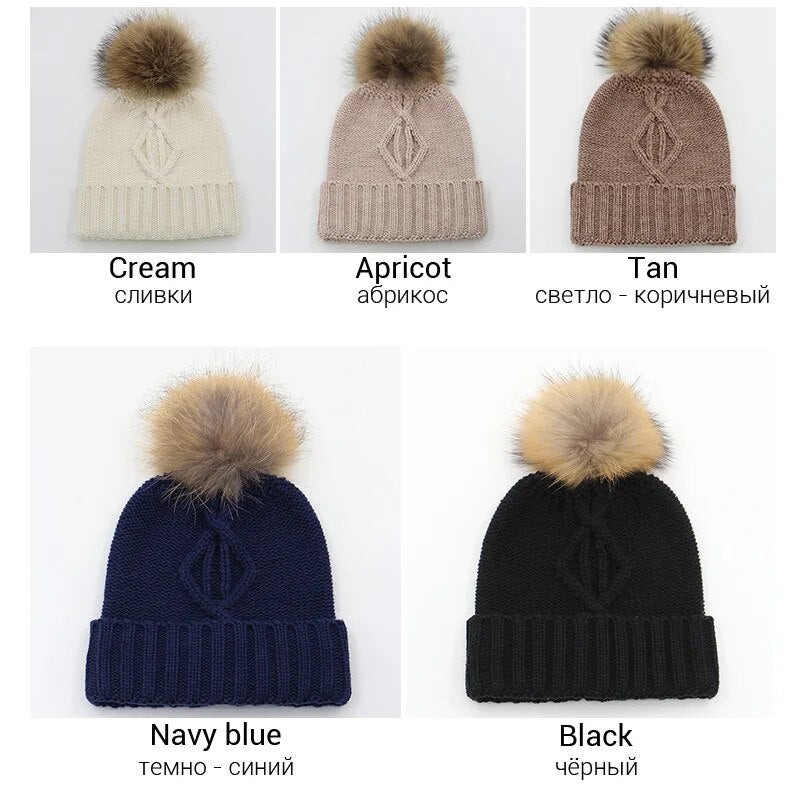 GZHILOVINGL Thick Beanies Cap For Women Striped Hats Genuine Fur Winter Hat Elasticity Unisex Gorros 16523A1