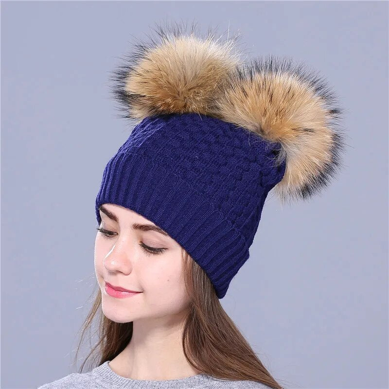 Xthree winter hat for women knitting beanies natural fur double pom poms Skullies girls hat feminino cap