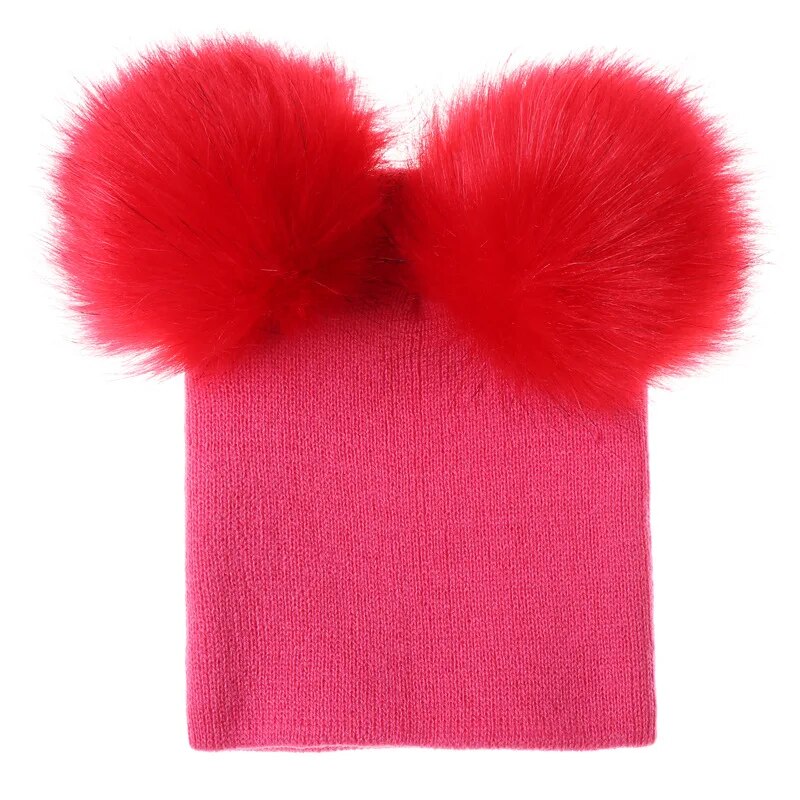 Cute Baby Kids Winter Hat Knitted Warm Double Fur Pompom Caps Beanies Boys Girls Pom Pom hats Children Solid Cap Bonnet Gorro