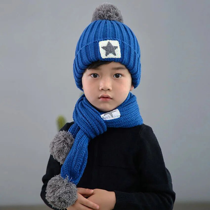 Winter Hat And Scarf Set For Children Girls Kids Cap Scarves Boys Star Design Knitted Pom Pom Beanie Velvet Cap Warm 2 Pcs Suit