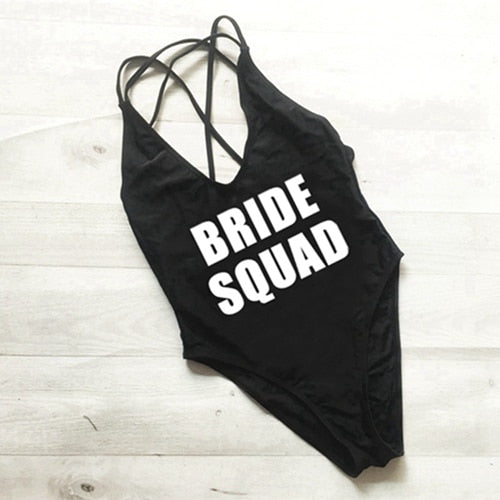 BRIDE SQUAD Women One Piece Swimsuit High Cut team bride swimwear Bathing Suit Black Monokini Bodysuit Beachwear Maillot De Bain