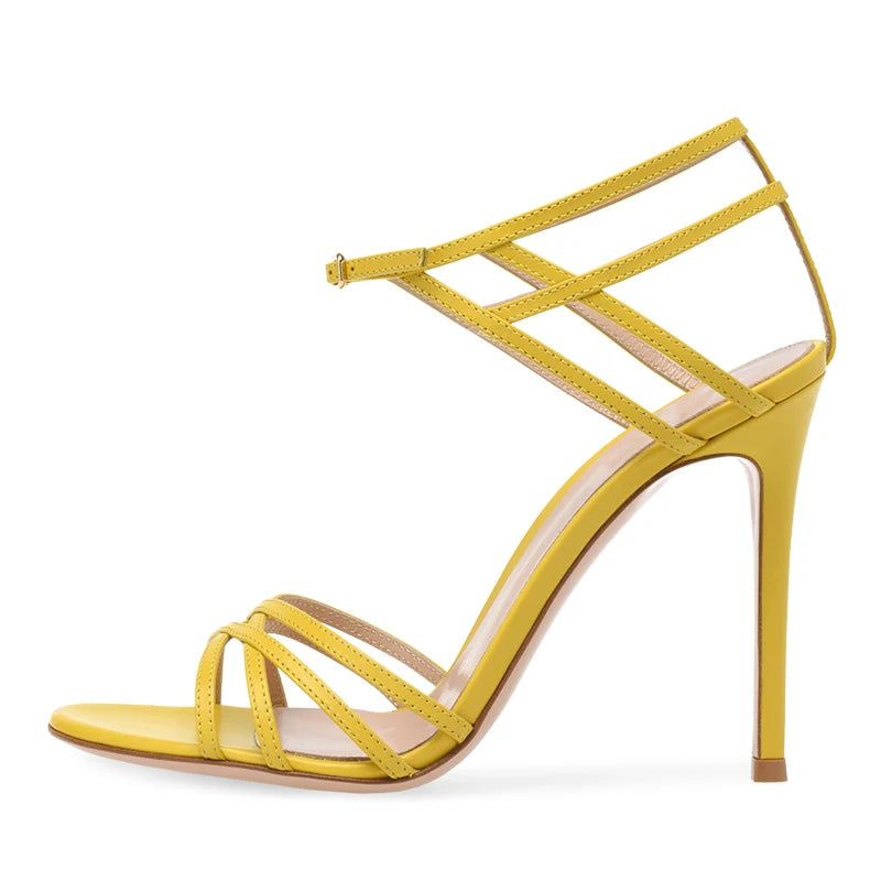 Chic Black High Heels for Woman Heeled Strappy Yellow Sandal Ladies Stiletto Heel Sandals Summer Party Evening Dress Shoes 2022