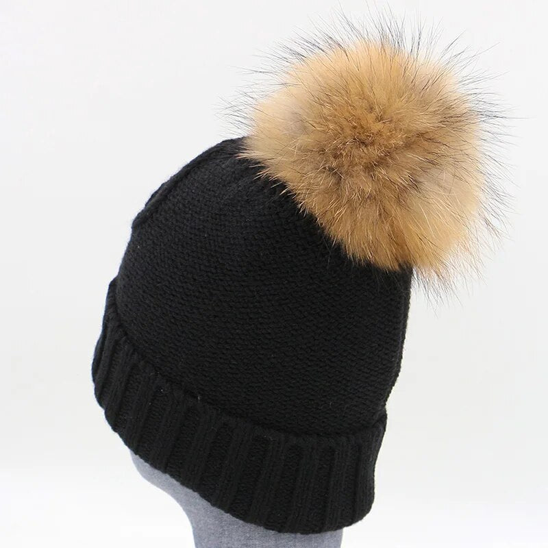 GZHILOVINGL Thick Beanies Cap For Women Striped Hats Genuine Fur Winter Hat Elasticity Unisex Gorros 16523A1