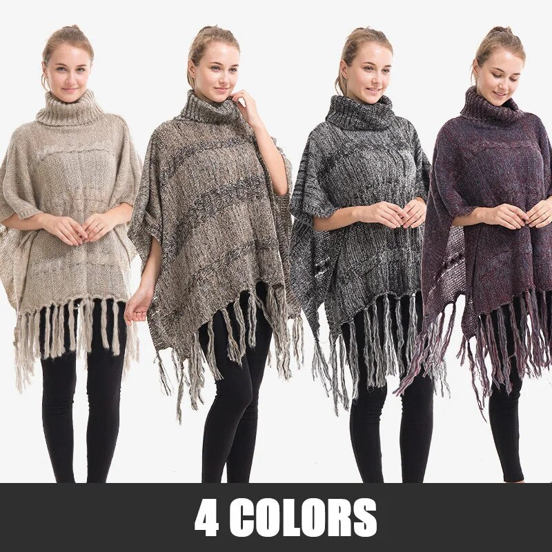 New Turtleneck Knitted Scarf Women Poncho And Capes Striped Pullovers Ladies Cardigan Long Sleeve  Casual  Sweaters