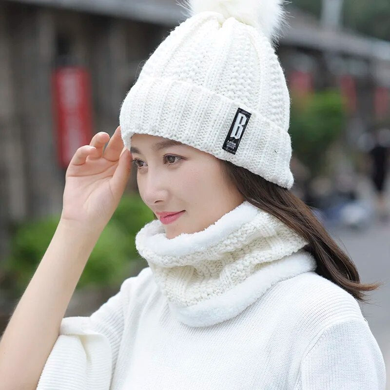 Autumn Winter Women's Hat Caps Knitted Wool Warm Scarf Thick Windproof Balaclava Multi Functional Hat Scarf Set For Women