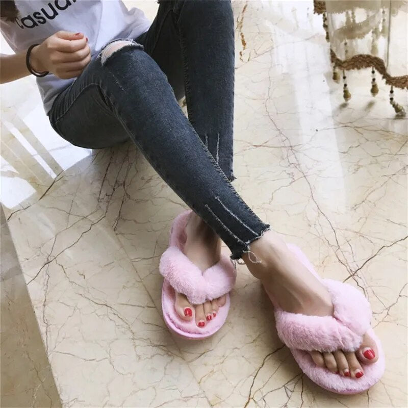 COOTELILI Winter Fashion Women Home Slippers Faux Fur Warm Shoes Woman Slip on Flats Female Fur Flip Flops Pink Plus Size 44 45