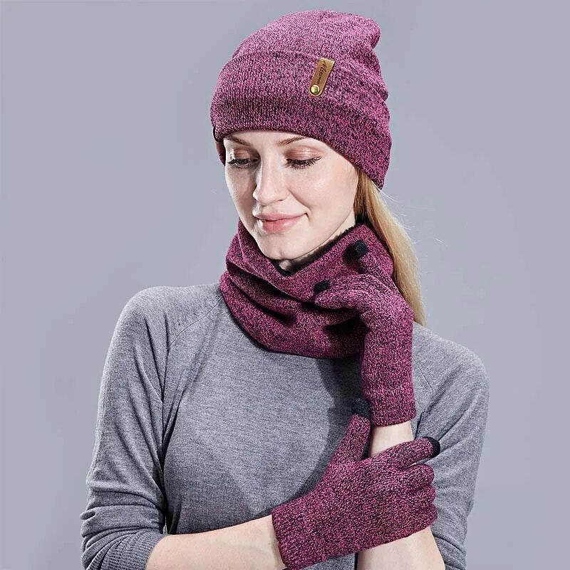 New Knitted Winter Hat Scarf Gloves Set Women Thick Touch Screen Glove Beanies Ring Scarf Female For Girls Gift