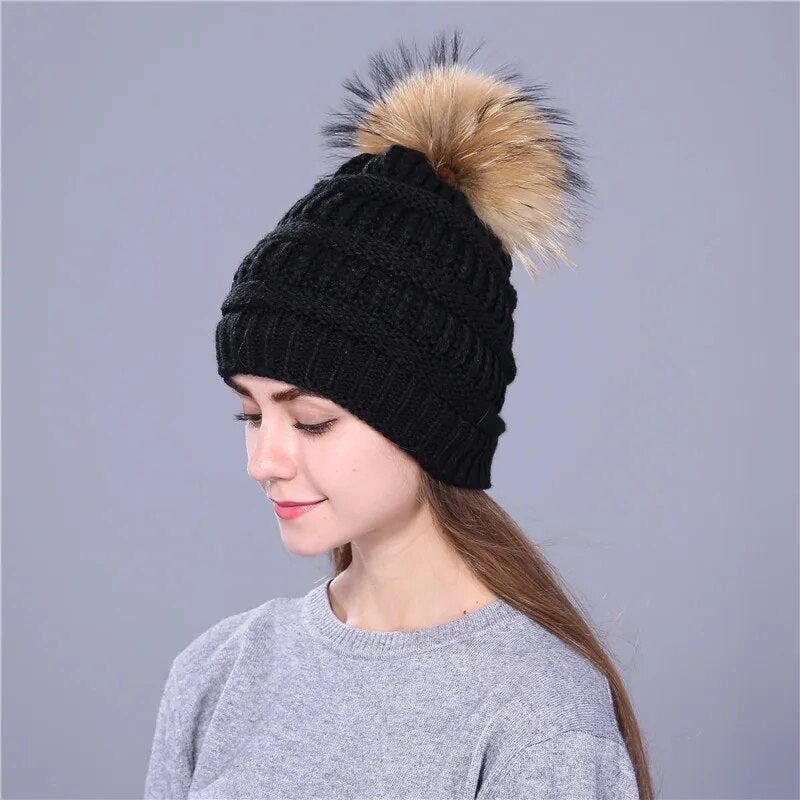 Xthree real fox fur pom poms ball Keep warm winter hat for women girl 's wool hat knitted beanies cap thick female cap