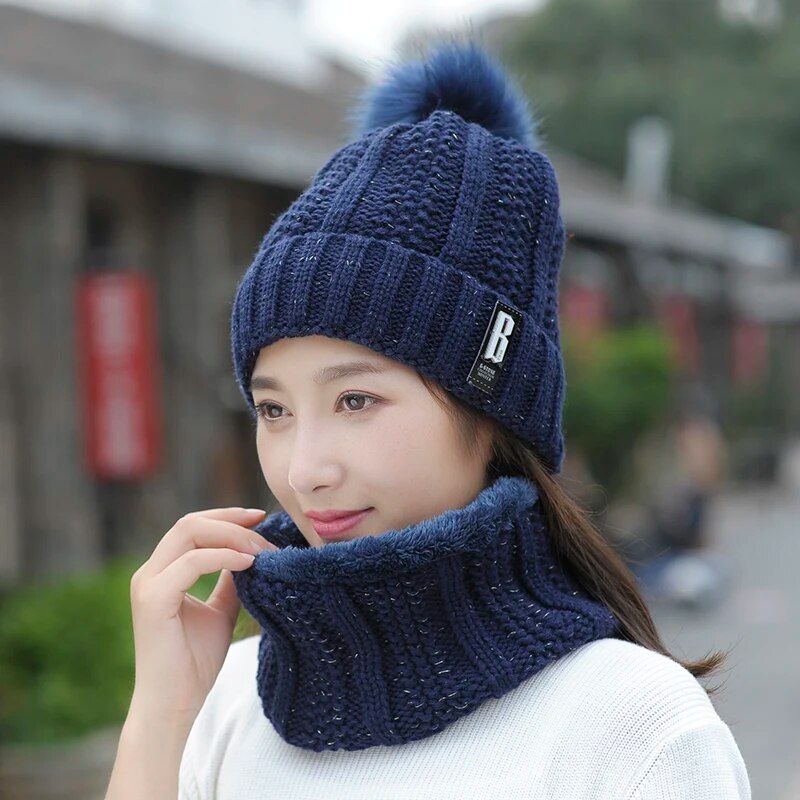 Autumn Winter Women's Hat Caps Knitted Wool Warm Scarf Thick Windproof Balaclava Multi Functional Hat Scarf Set For Women