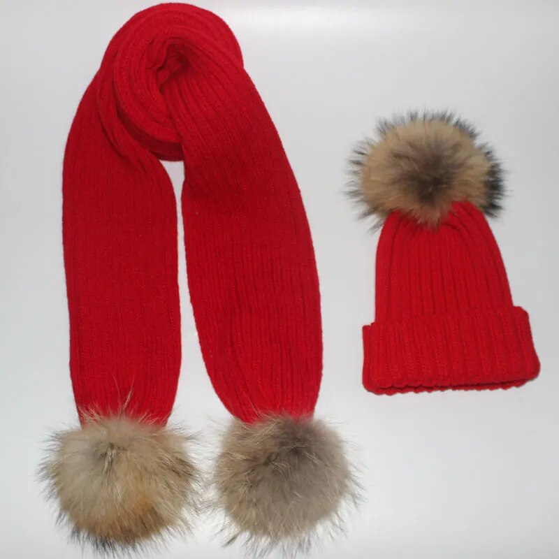 Female knitted 180cm long Scarf and Hat Set  Luxury Winter Warm Crochet Hats and scarves with Real fur pom Beanie Hat for Women