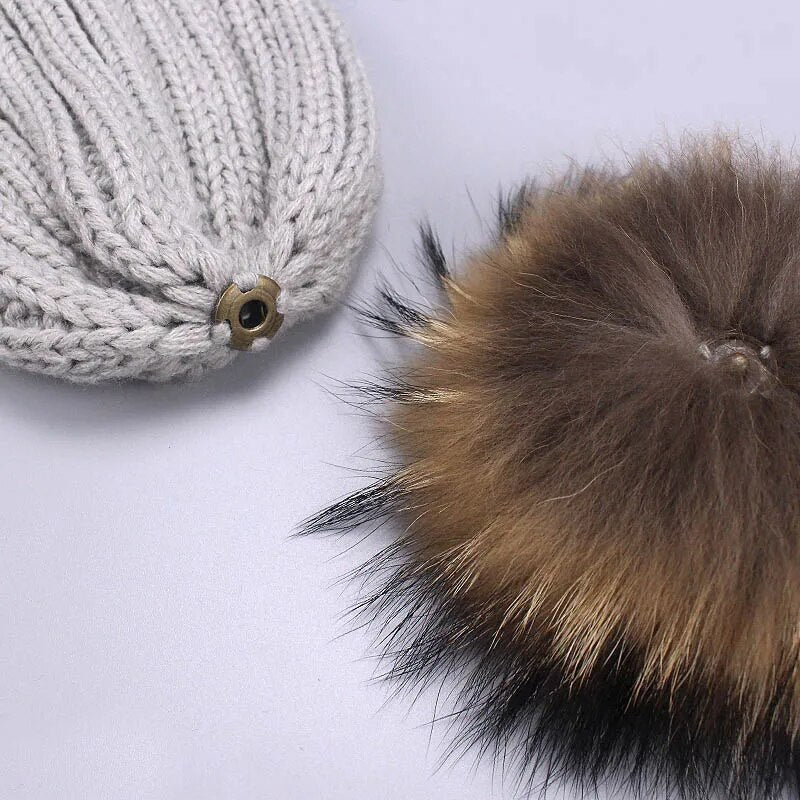 Parent-Child Caps Cute Infant Baby Pompon Winter Hat Scarf Sets Real Natural Fur Ball Caps Mother Kids Warm Knitted Hats Beanies