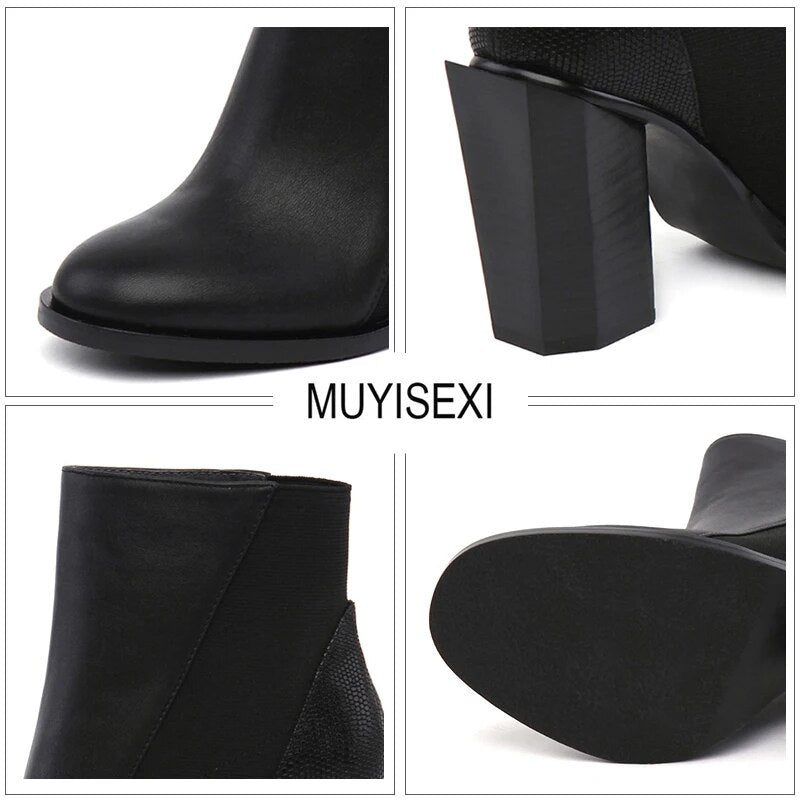 Womens Boots Genuine Leather Round Toe Slip On 9cm Square Heel Mixed Color Ankle Boots chaussure femme botte femme HL24 MUYISEXI