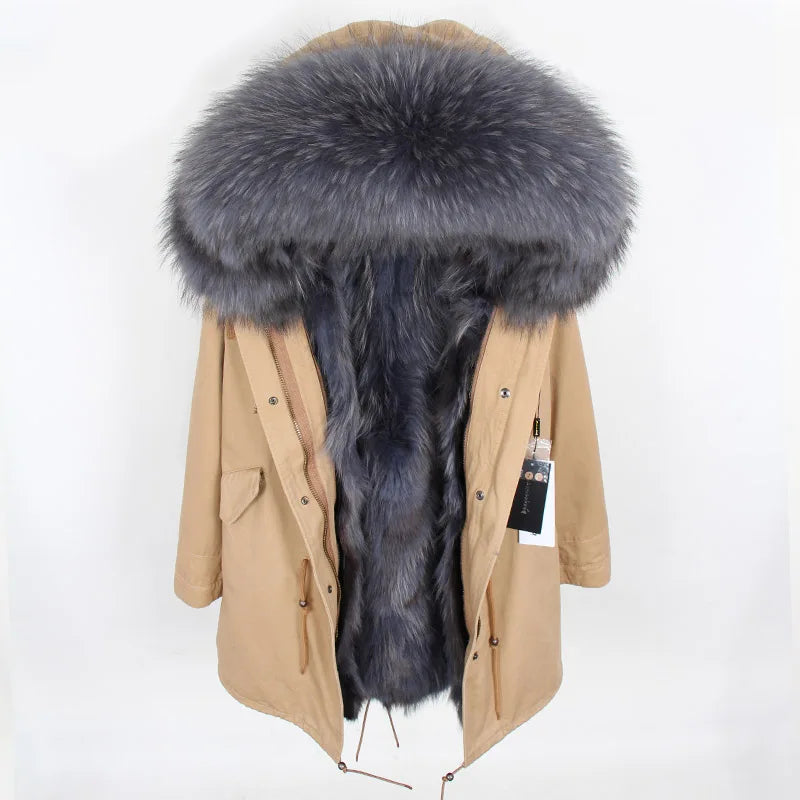 MAOMAOKONG Natural Raccoon Fur Collar Winter Coat Remove Liner Slim Jacket Fur Coat Woman Parkas Female Clothes