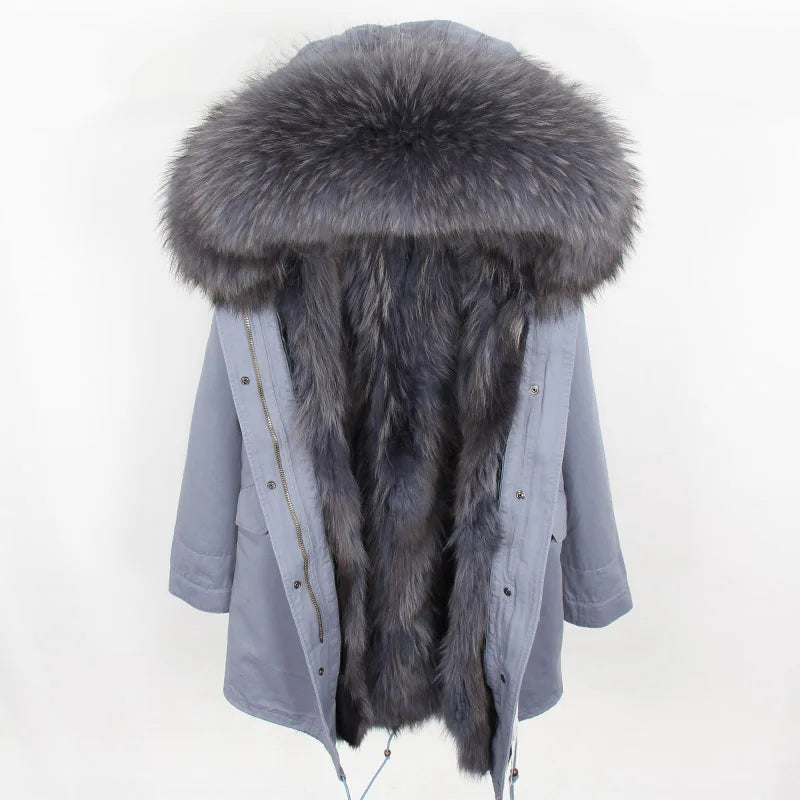 MAOMAOKONG Natural Raccoon Fur Collar Winter Coat Remove Liner Slim Jacket Fur Coat Woman Parkas Female Clothes