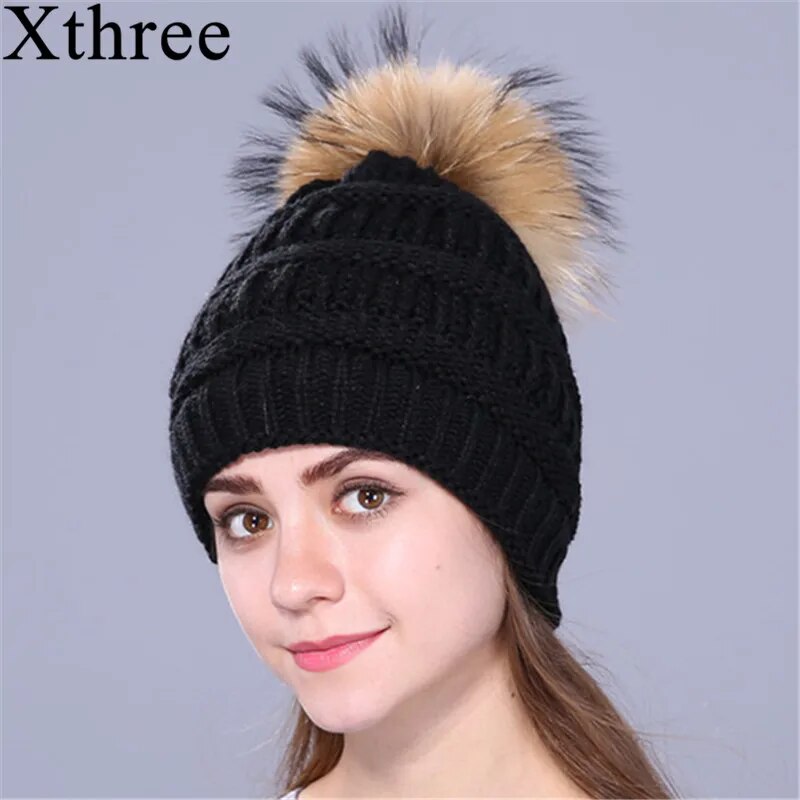 Xthree real fox fur pom poms ball Keep warm winter hat for women girl 's wool hat knitted beanies cap thick female cap