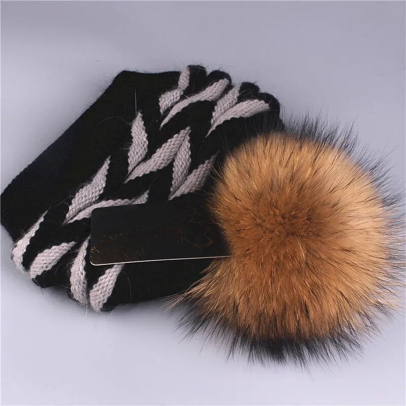 Xthree Double-deck Rabbit fur Knitted winter hat for women Real  Fur Pom pom Hat Female hat cap For girl Skullies Beanies