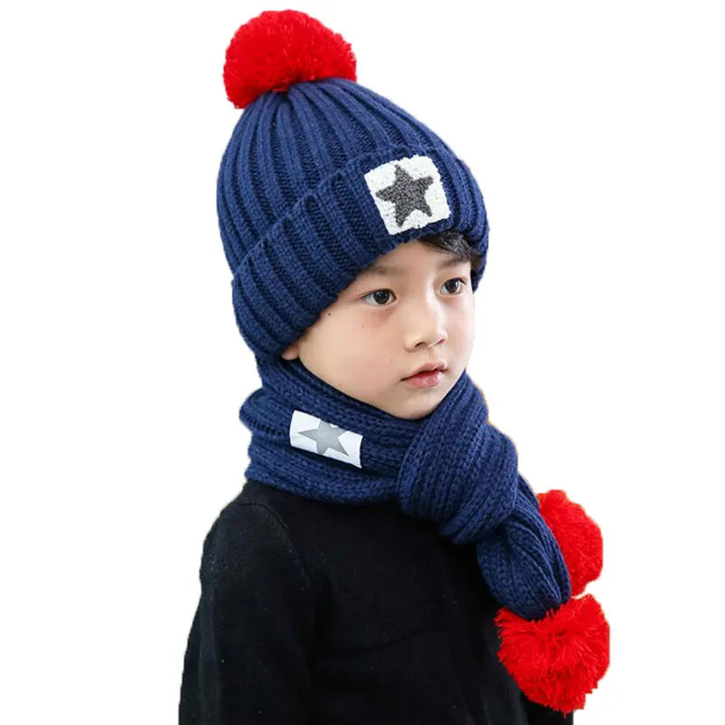 Winter Hat And Scarf Set For Children Girls Kids Cap Scarves Boys Star Design Knitted Pom Pom Beanie Velvet Cap Warm 2 Pcs Suit