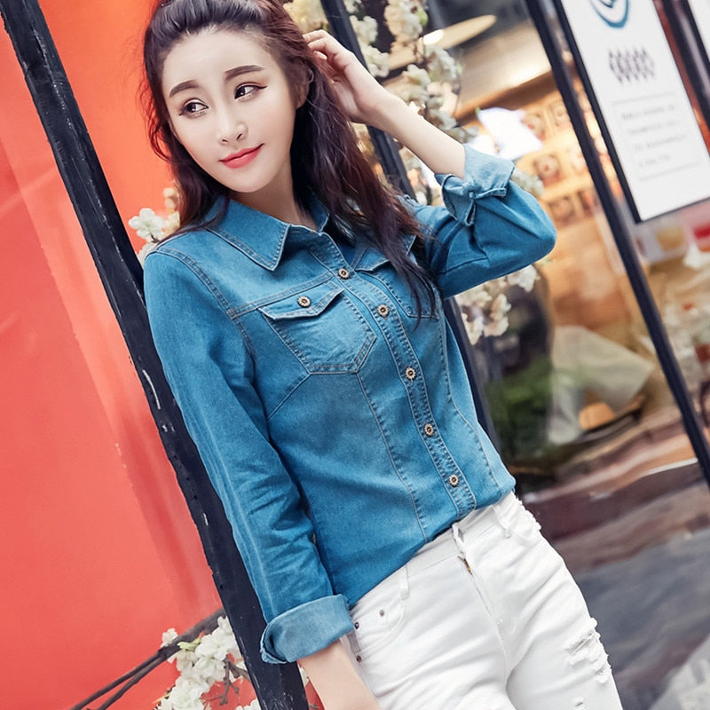 Jeans Shirt women 2019 Long Sleeve Slim Casual Vintage Elastic Ladies Denim Shirts Tops Blusas Feminina Woman Blouses and Tops