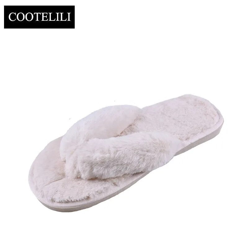 COOTELILI Winter Fashion Women Home Slippers Faux Fur Warm Shoes Woman Slip on Flats Female Fur Flip Flops Pink Plus Size 44 45