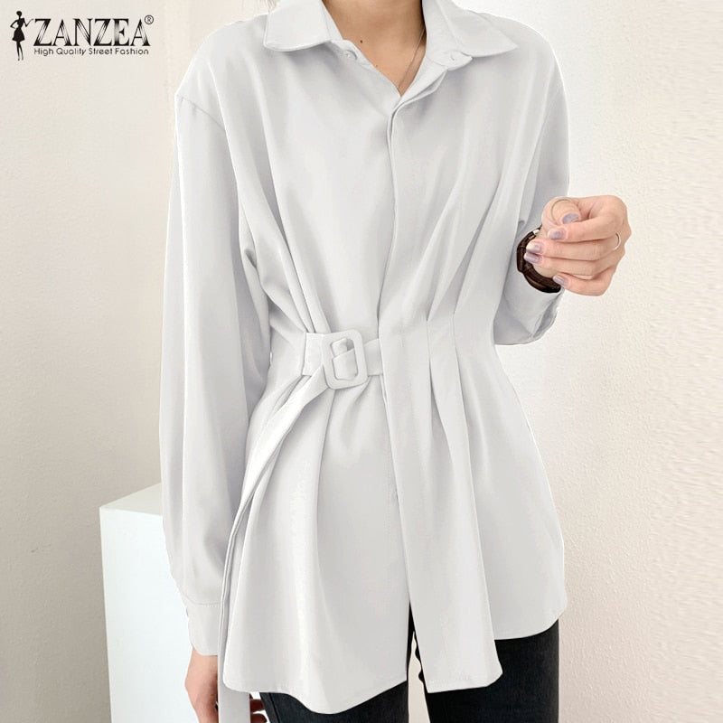 Fashion Women Long Sleeve Shirt ZANZEA Casual Lace Up Shirts Elegant Lapel Neck OL Asymmetric Tops Spring Blusas Femininas Tunic