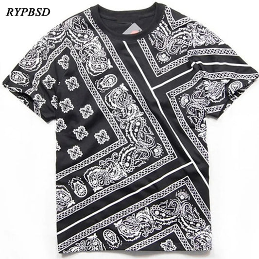 Bandana Men T Shirt 2023 Summer Short Sleeve Vintage Print Cashew Korean Fashion Harajuku Streetwear Hawaiian Hip Hop Clothing