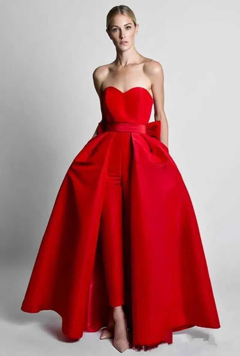 Red Jumpsuit Evening Dresses With Detachable Skirt 2022 Sweetheart Formal Pants Suit Prom Party Gown With Bow Sleeveless