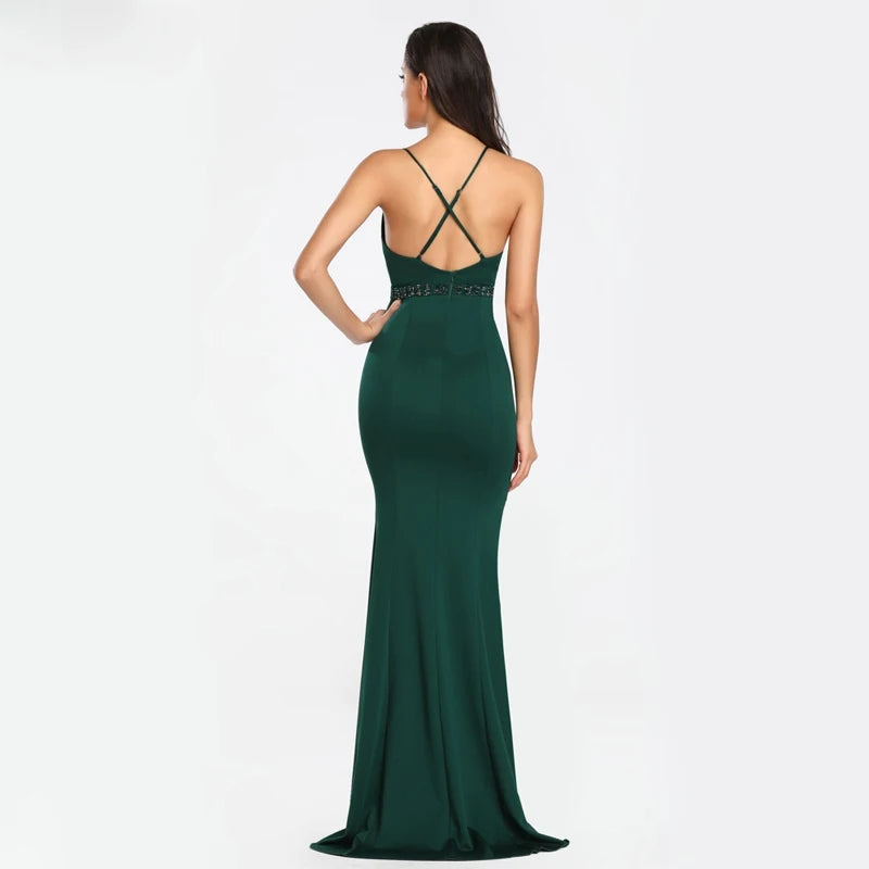 YIDINGZS Soft Satin Strap Green Dress Sexy Slit Evening Dress Women's Backless Party Maxi Dress