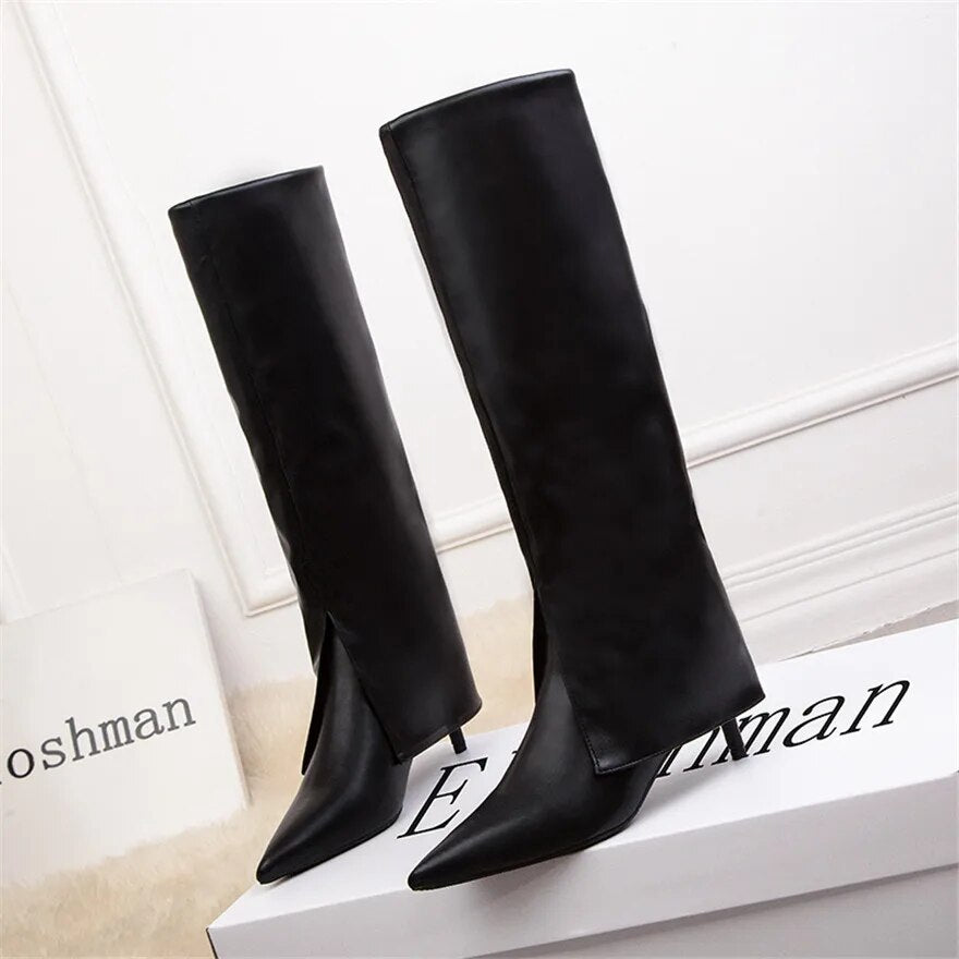 Slit Trousers Fashion Boots For Women Black Soft Leather Knee High Boots Pointy Toe Thin Heels Slip On Party Autumn Ladies Shoes