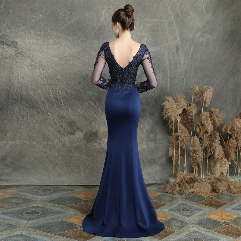 YIDINGZS Women See through Tulle Long Sleeve Dress Elegant Satin Navy Blue Appliques Evening Dress YD16357