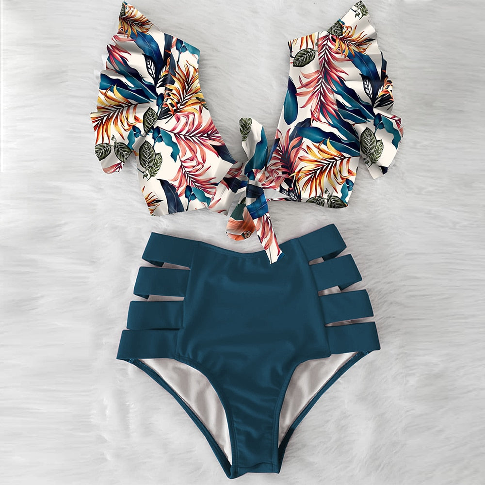 High Waist Ruffled Sexy Bikini Set 2022 Flounce Biquini Swimwear Women Two Pieces Swimsuit Floral Beachwear V-Neck Bathing Suit