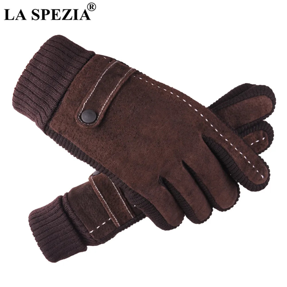 LA SPEZIA Mens Leather Gloves Pigskin Winter Gloves Black Brown Warm Thick Driving Men's Gloves Guantes