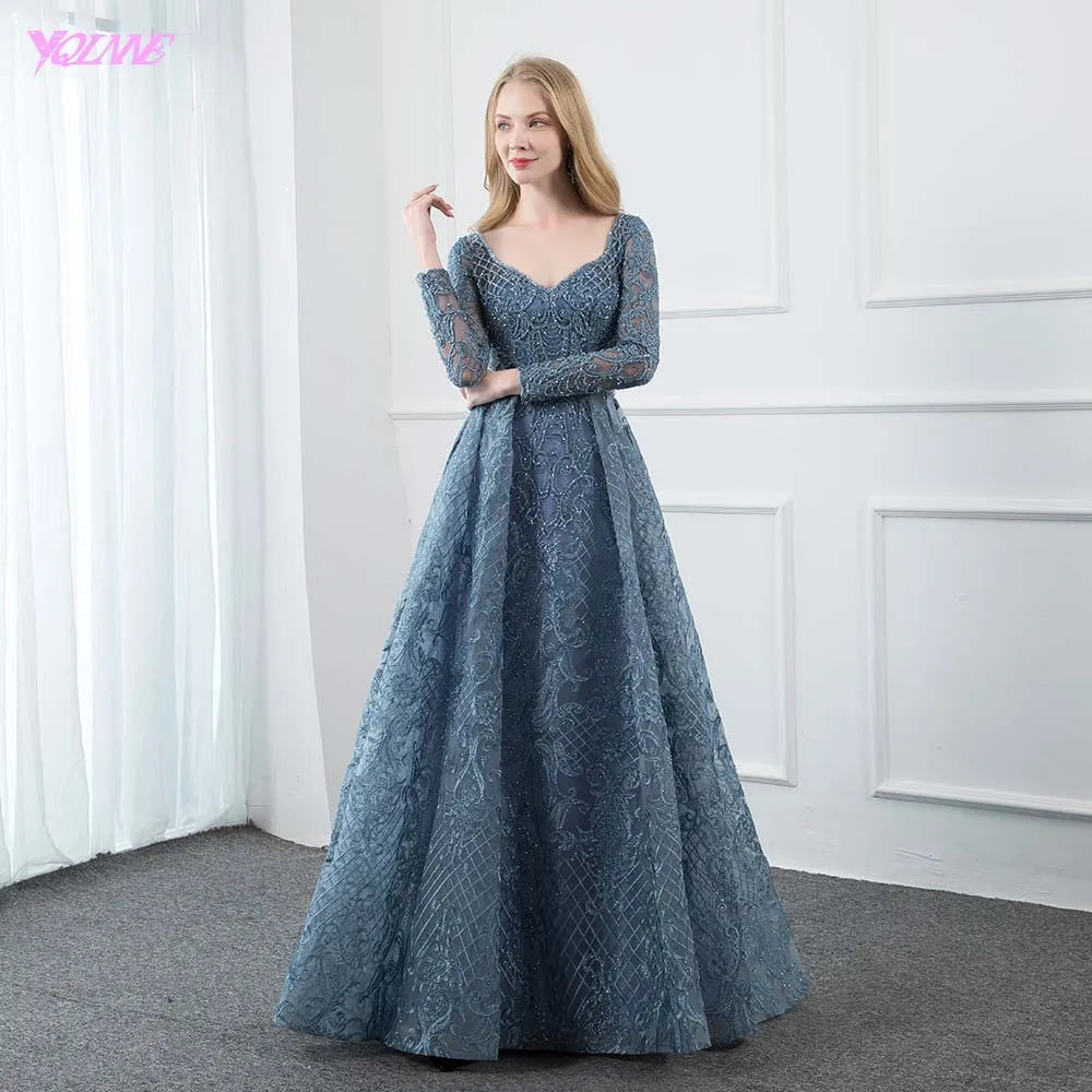 YQLNNE Dusty Blue Lace Embroidered Evening Dress Long Sleeve Formal Ball Gown Evening V Neck Crystal Beaded Dubai Dresses