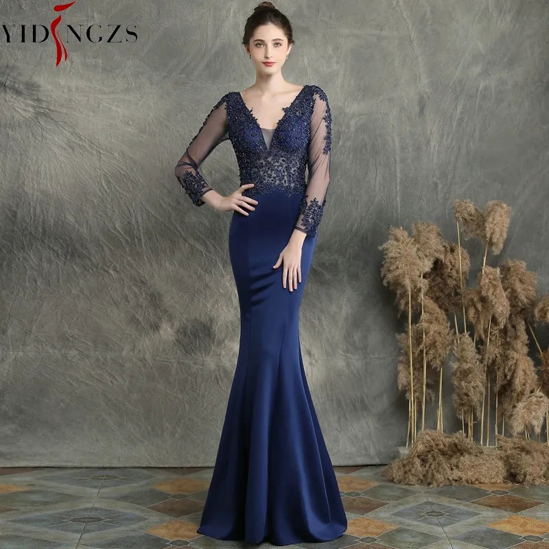 YIDINGZS Women See through Tulle Long Sleeve Dress Elegant Satin Navy Blue Appliques Evening Dress YD16357