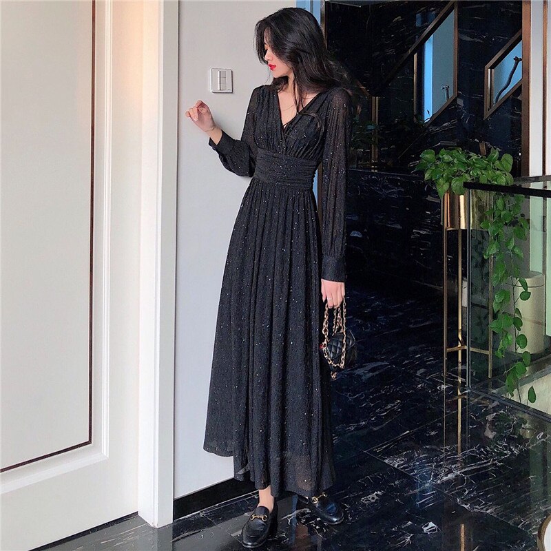 Women Dress Autumn V-Neck Long Sleeve Shiny Midi Dress A-Line Evening Night Party Elegant Dress Red Black Pink vestidos 2021