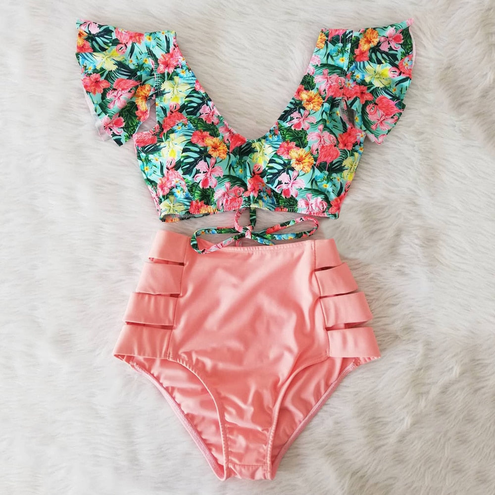 High Waist Ruffled Sexy Bikini Set 2022 Flounce Biquini Swimwear Women Two Pieces Swimsuit Floral Beachwear V-Neck Bathing Suit