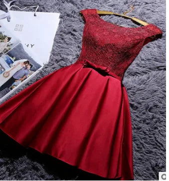 New Short Evening Dress Satin Lace Wine Red Grey A-line Bride Party Formal Dress Homecoming Graduation Dresses Robe De Soiree