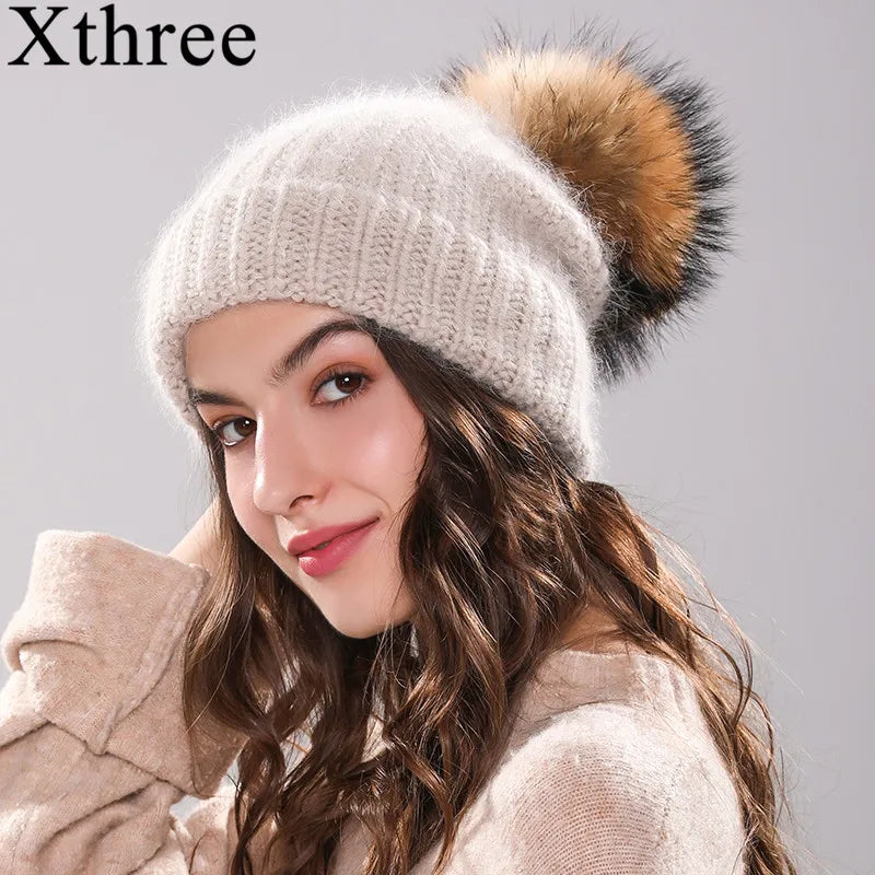 Xthree 70% Angola Rabbit Fur Knitted Hat with Real Fur Pom Pom Hat Skullie Beanie Winter Hat for Women  Girl 's Hat Female Cap