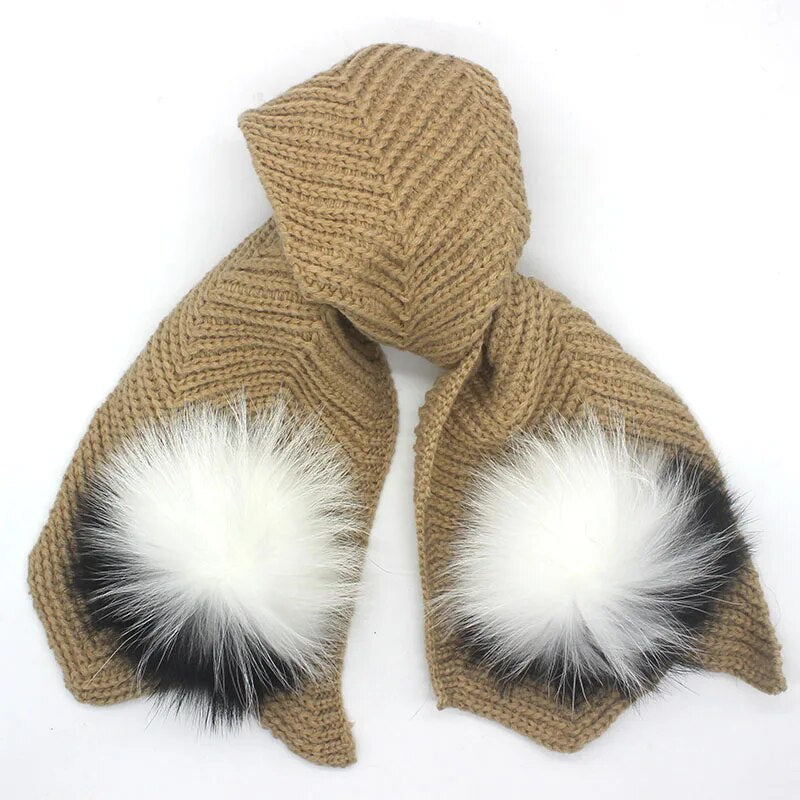 Kids knitted Scarf Hat Set Luxury Winter Warm Crochet Hats and scarves with Real Fur Pom Beanie Hat Scarf for boys and girls