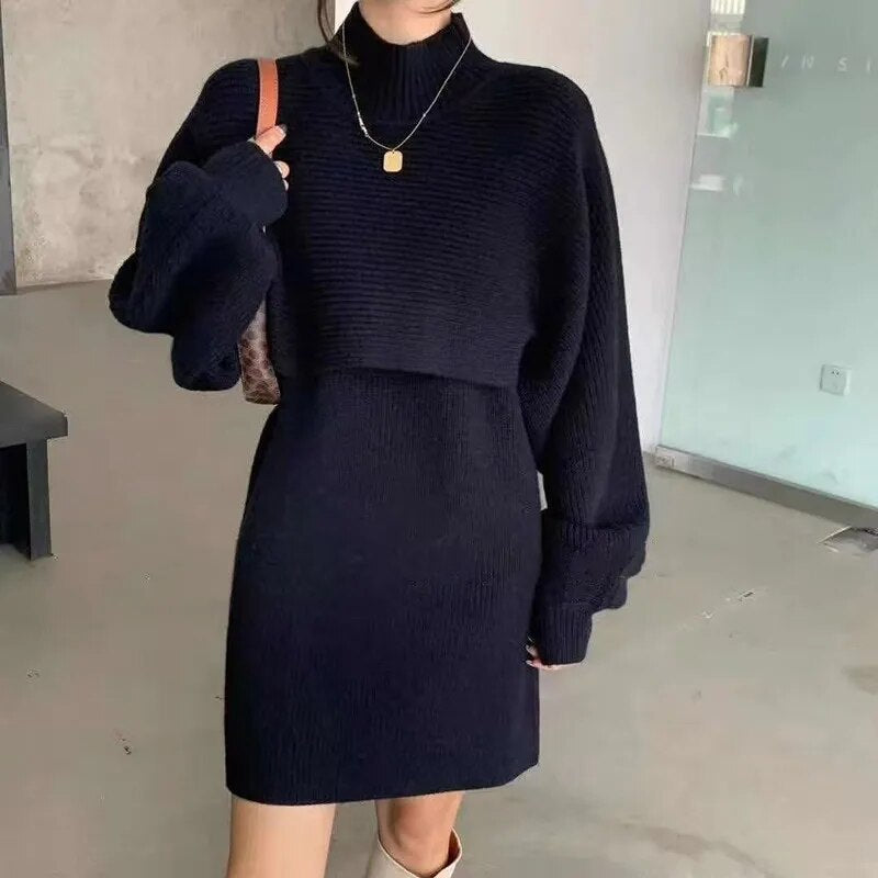 ITOOLIN Two-piece Dress Sets Winter Outfit Women Knitted Dress Set Fleece Casual Tracksuits Autumn Sweater and Tank Dress