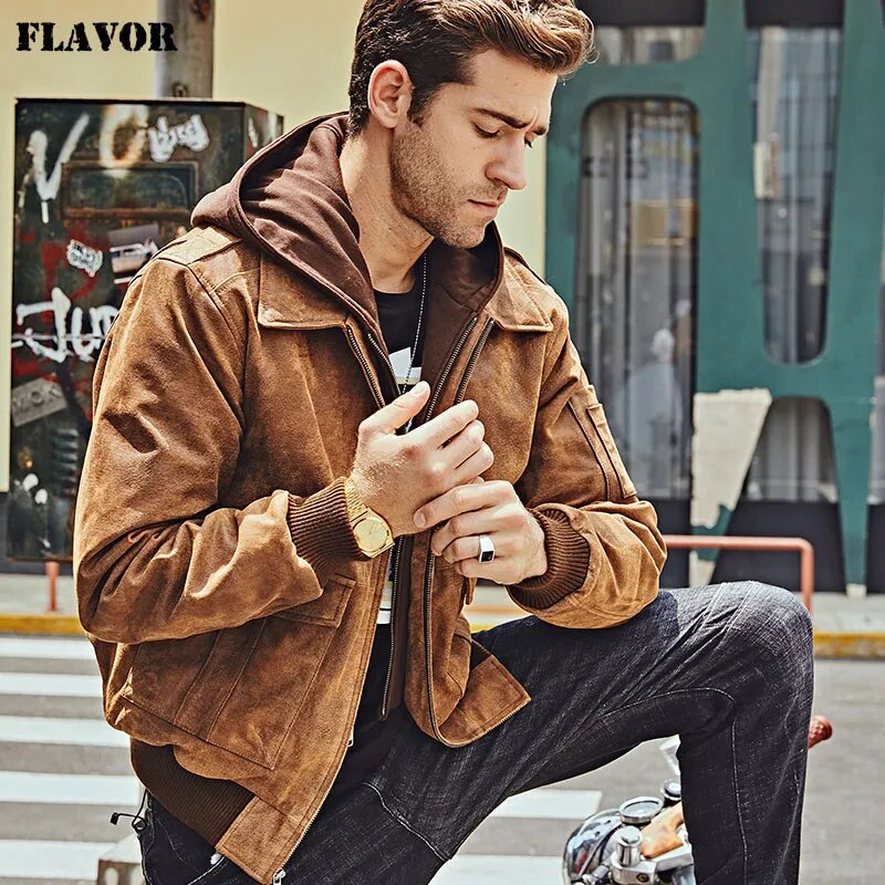 FLAVOR New Men's  Genuine Leather Bomber Jackets Removable Hood Men Air Forca Aviator winter coat Men Warm Real Leather Jacket