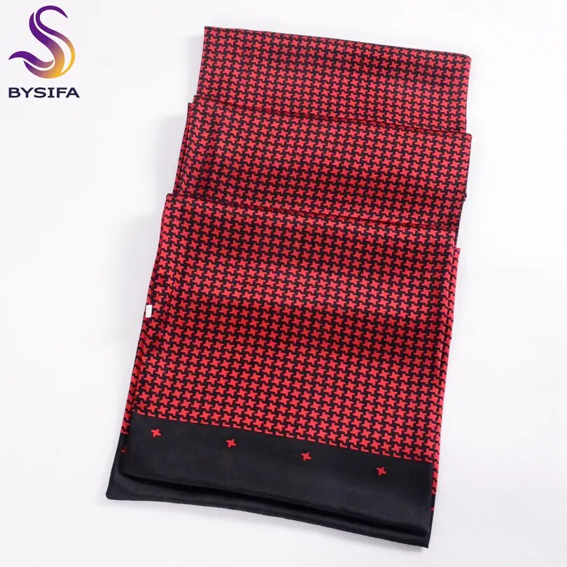 [BYSIFA] Black Red Long Scarves For Men Fashion Accessories Male Pure Silk Scarf Cravat Winter Flowers Pattern Scarf 160*26cm